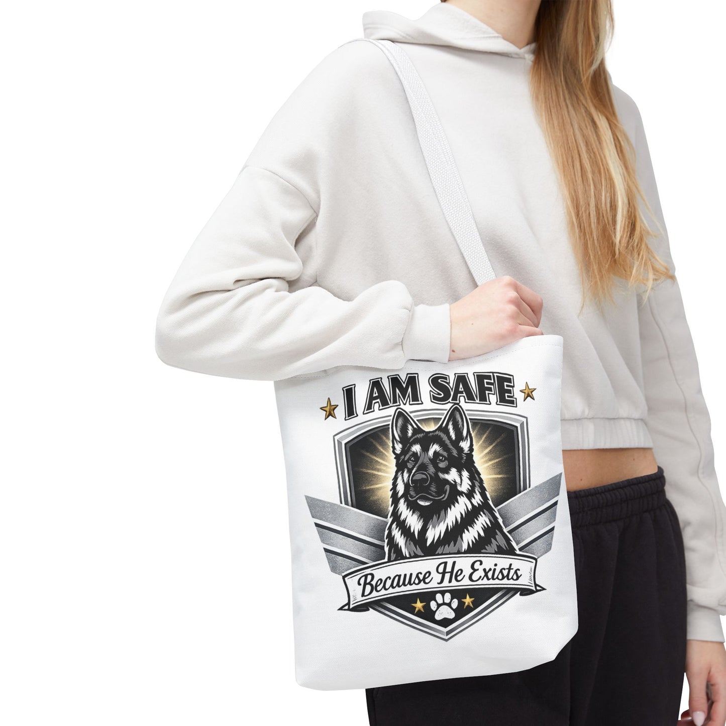 I Am Safe Because He Exists German Shepherd Tote Bag — K9 Protector Dog Lover Gift