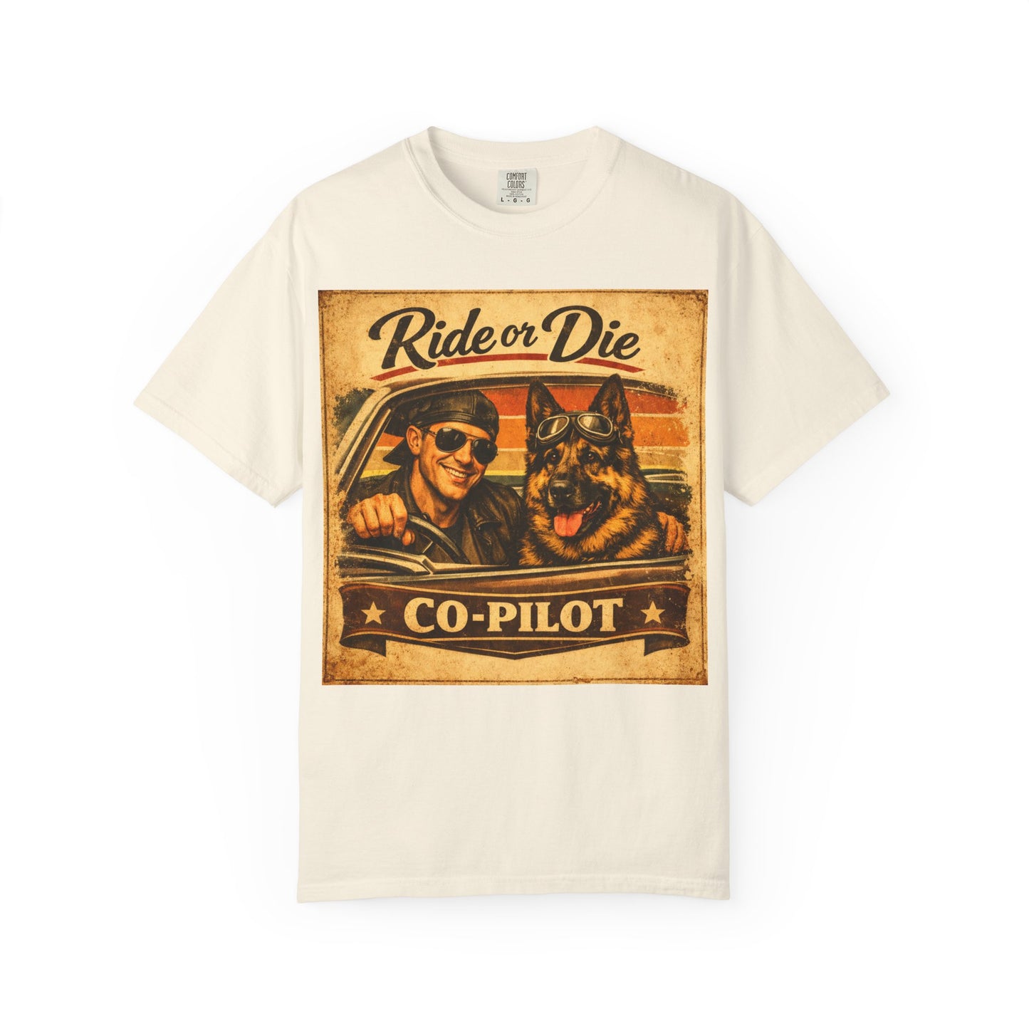 Ride or Die Co-Pilot T-shirt | Retro Driver and German Shepherd Design