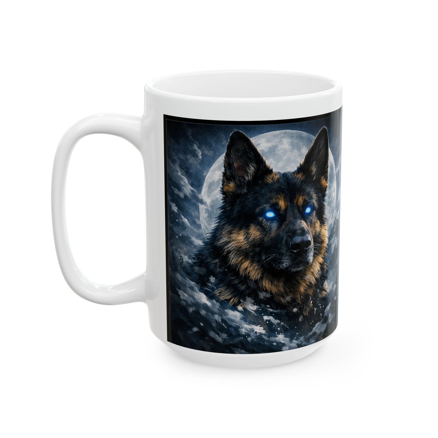 German Shepherd with Blue Eyes Mug | Full Moon Night Ceramic Mug (11oz, 15oz)