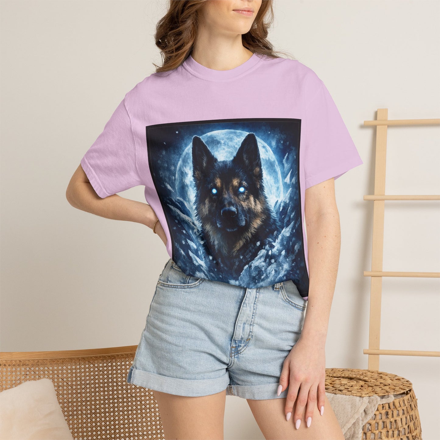 Mystic German Shepherd Moon T-shirt | Glowing Blue German Shepherd Portrait