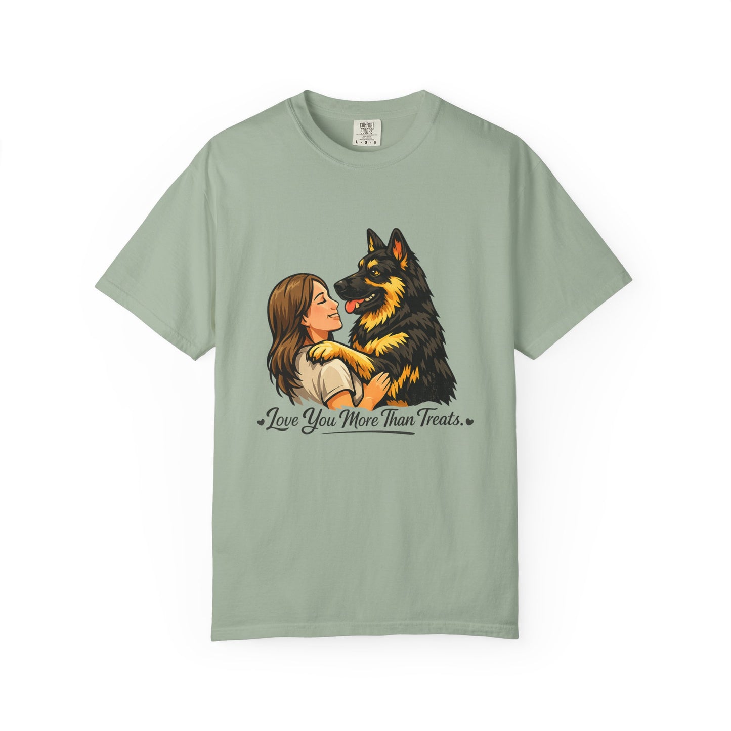 I Love You More Than Treats T-shirt | Girl Hugging German Shepherd Dog