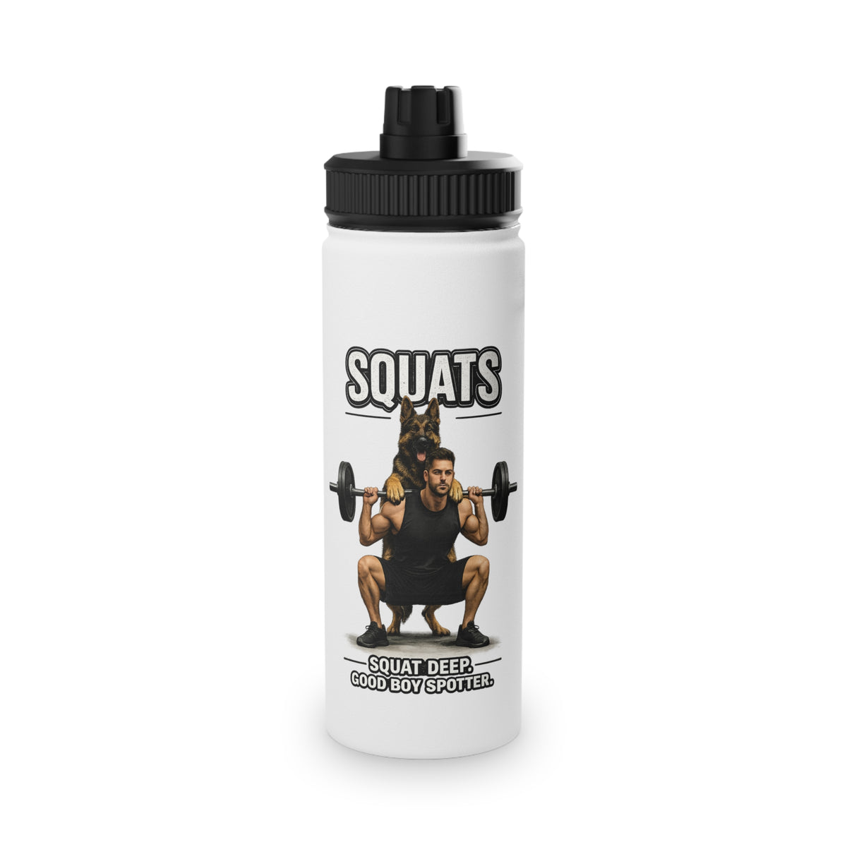Squats Stainless Steel Water Bottle | Good Boy Spotter | Fitness Tee