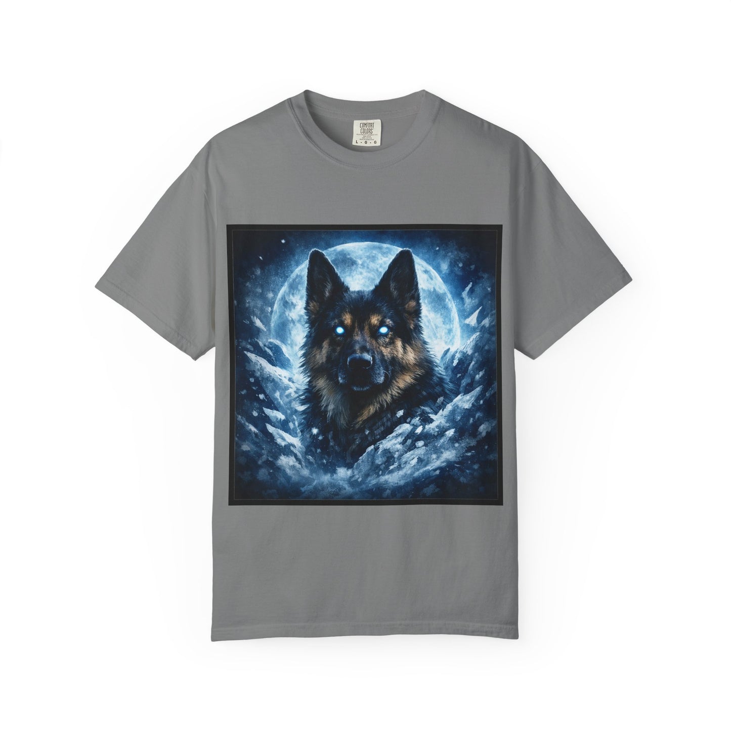 Mystic German Shepherd Moon T-shirt | Glowing Blue German Shepherd Portrait