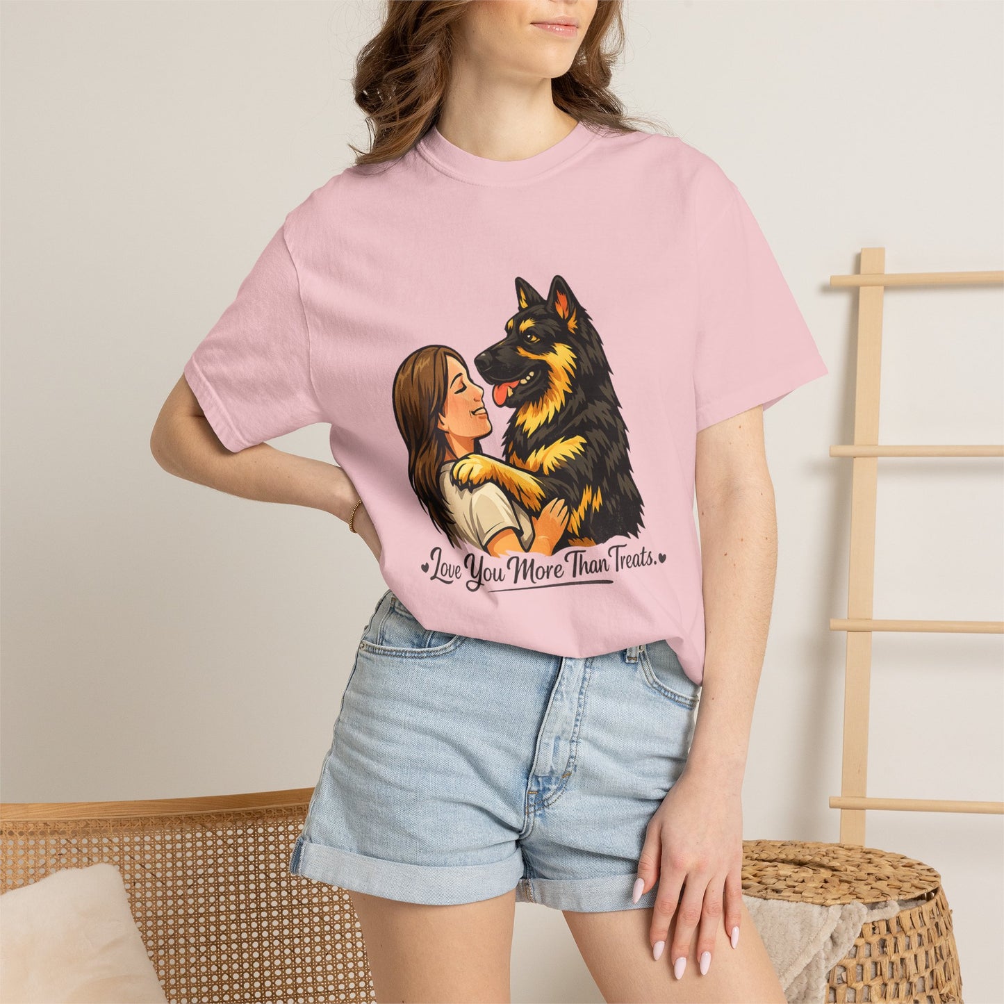 I Love You More Than Treats T-shirt | Girl Hugging German Shepherd Dog