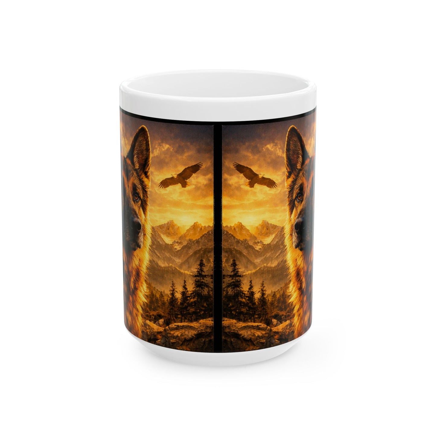 German Shepherd Portrait Mug | Mountain Sunset Landscape, Eagle Silhouette