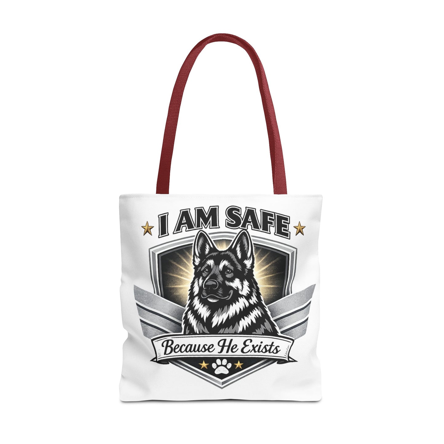 I Am Safe Because He Exists German Shepherd Tote Bag — K9 Protector Dog Lover Gift