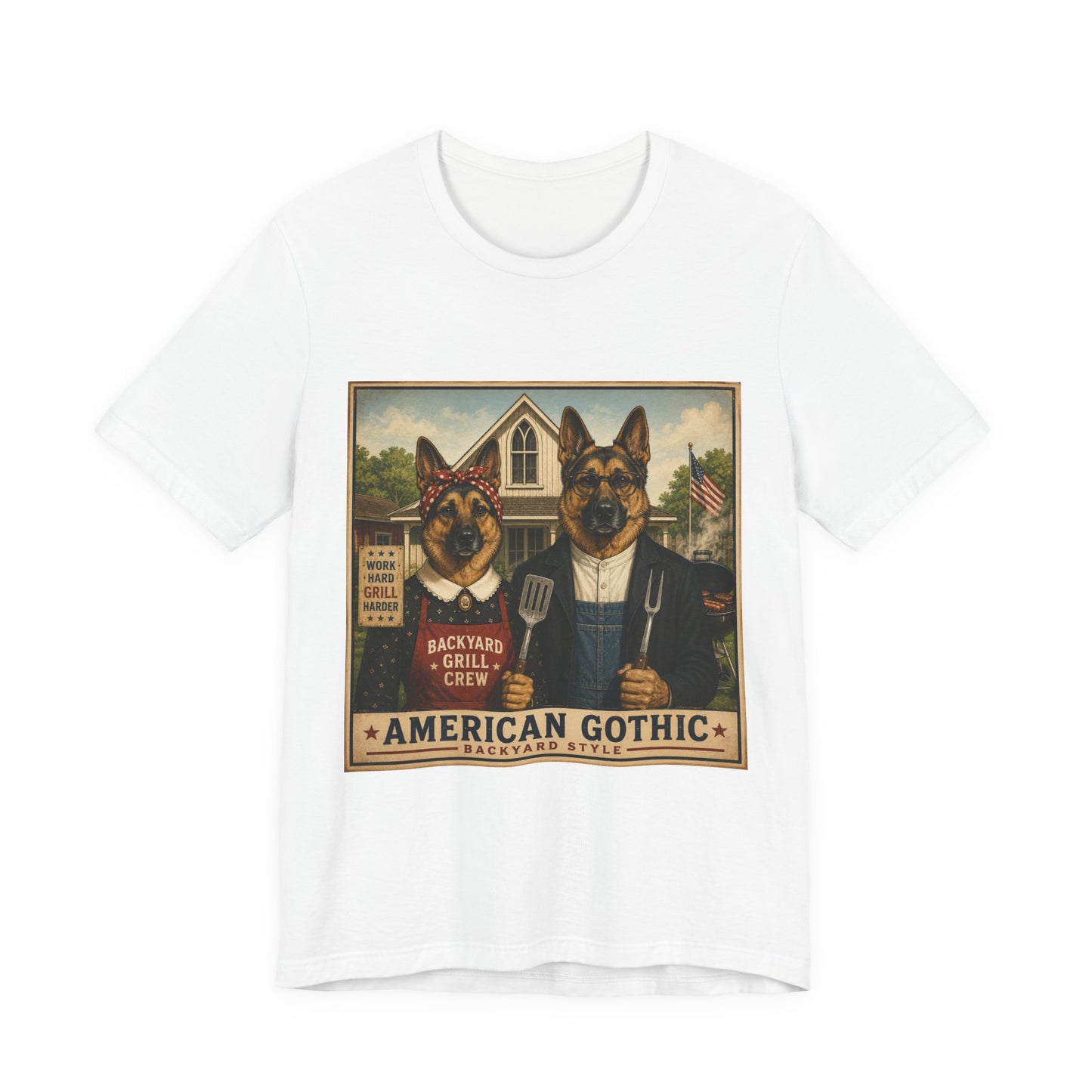 American Gothic – Backyard Style | German Shepherd BBQ T-Shirt