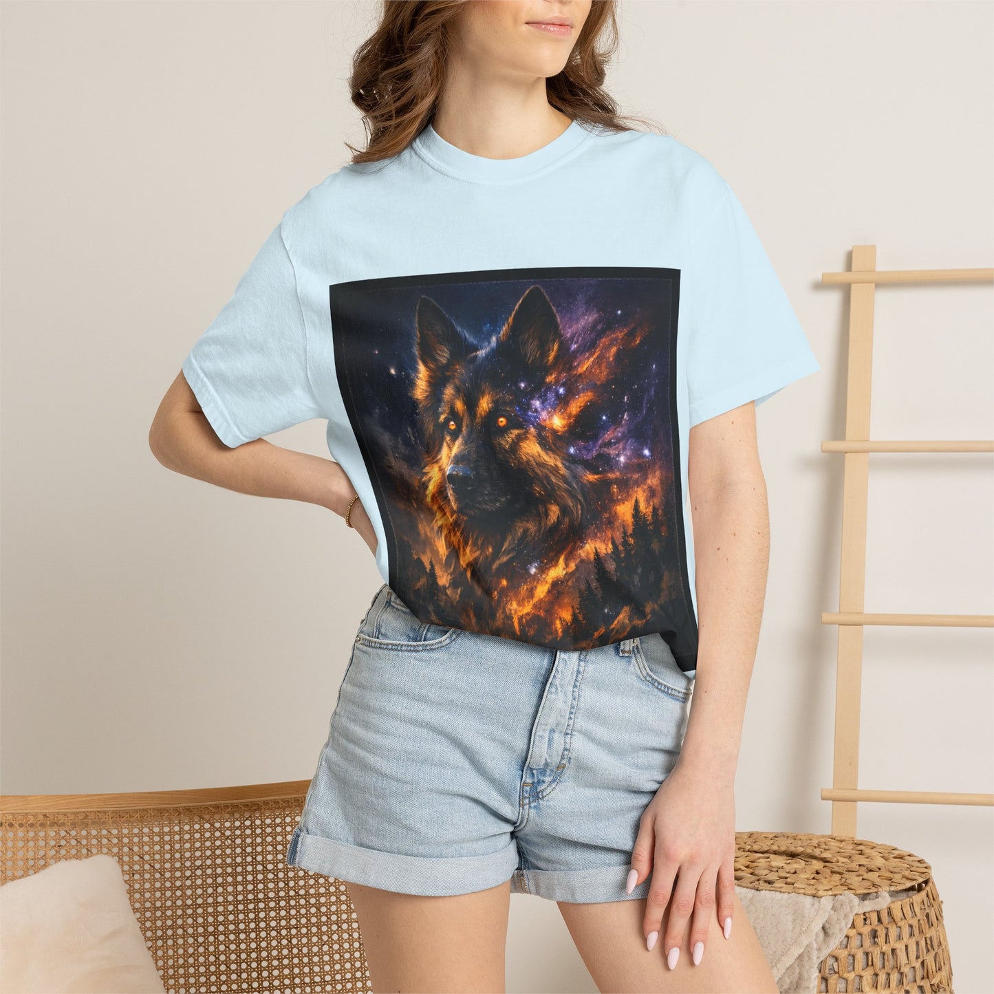 Cosmic German Shepherd Blaze T-Shirt | Galaxy fire Animal Artwork