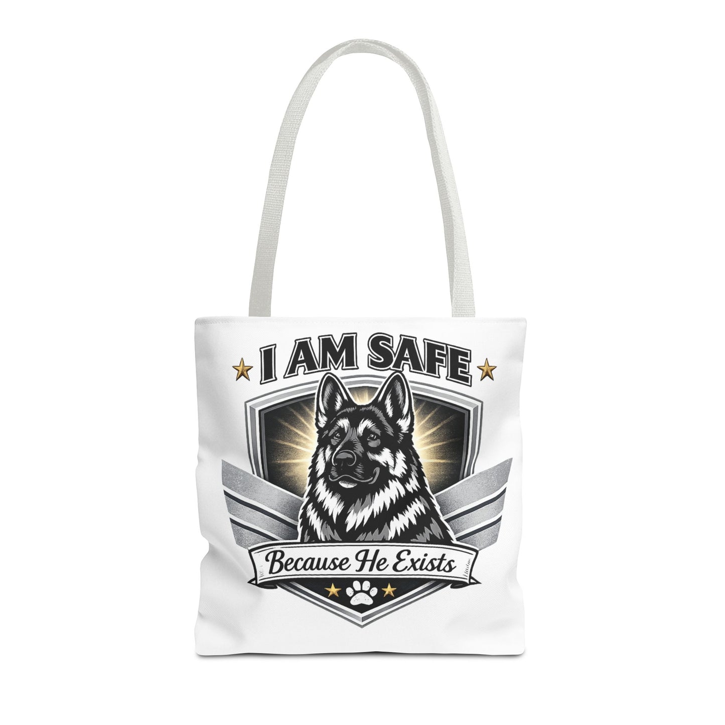 I Am Safe Because He Exists German Shepherd Tote Bag — K9 Protector Dog Lover Gift