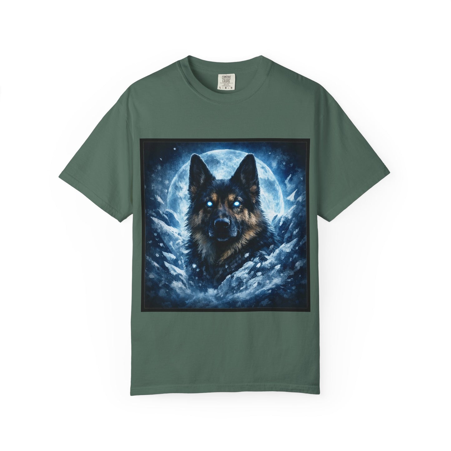 Mystic German Shepherd Moon T-shirt | Glowing Blue German Shepherd Portrait