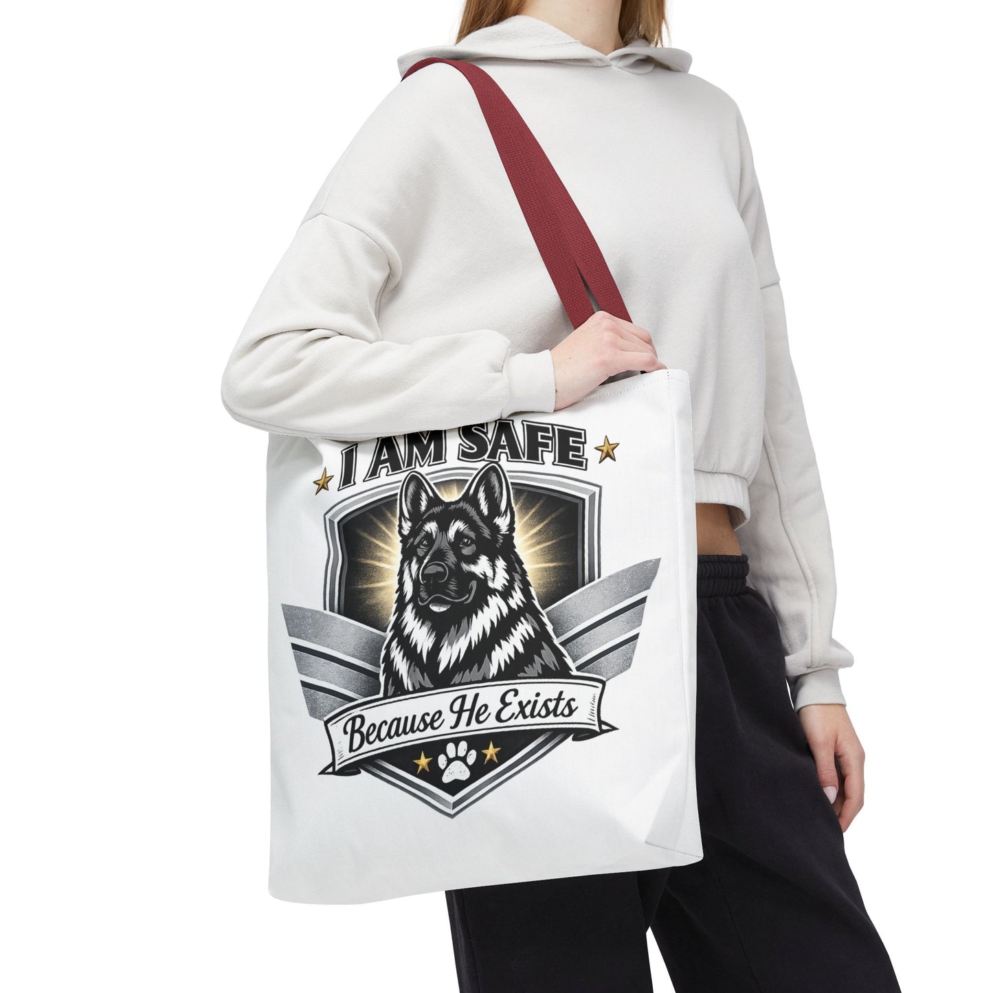I Am Safe Because He Exists German Shepherd Tote Bag — K9 Protector Dog Lover Gift