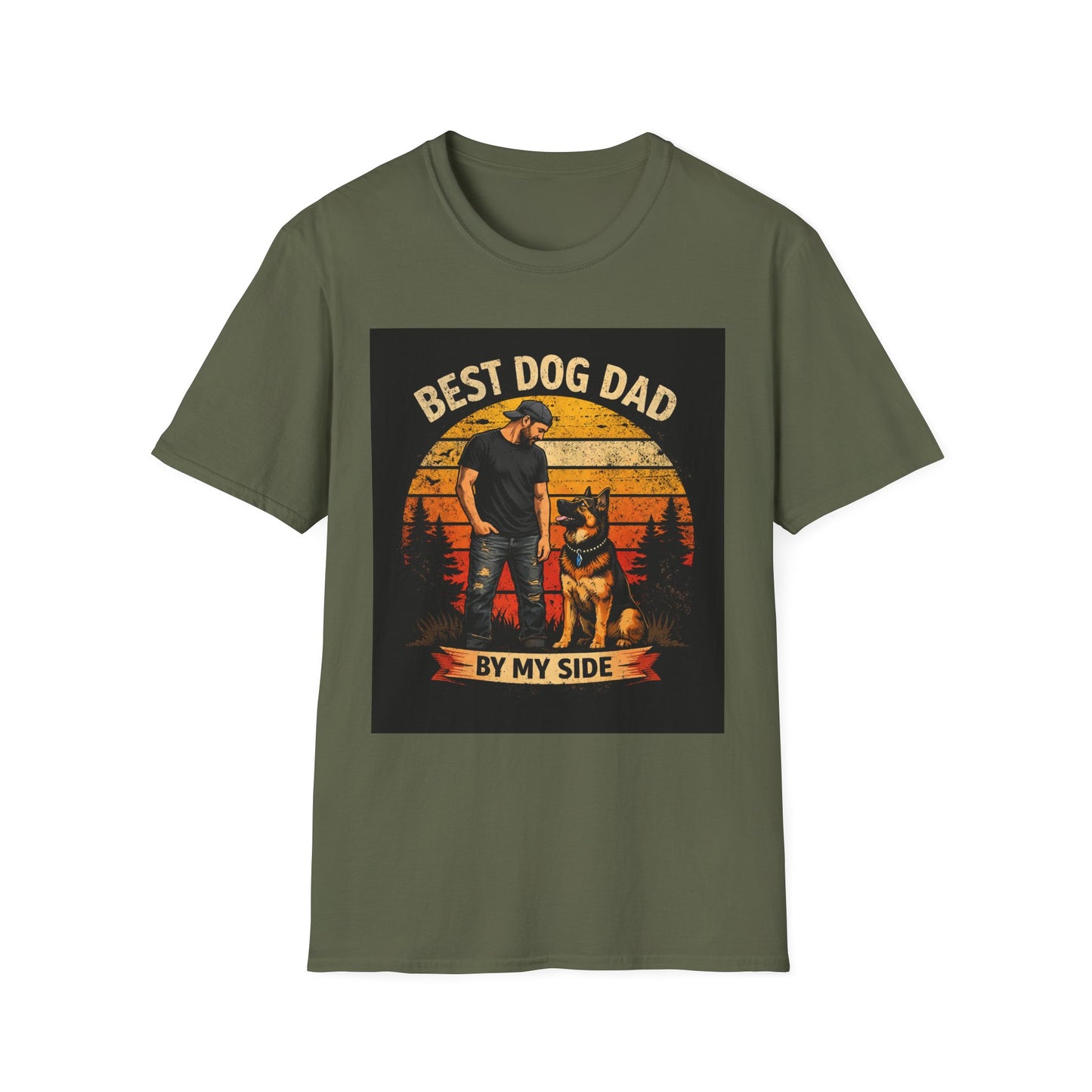 Best Dog Dad T-Shirt | Retro Sunset Dog Dad By My Side Design