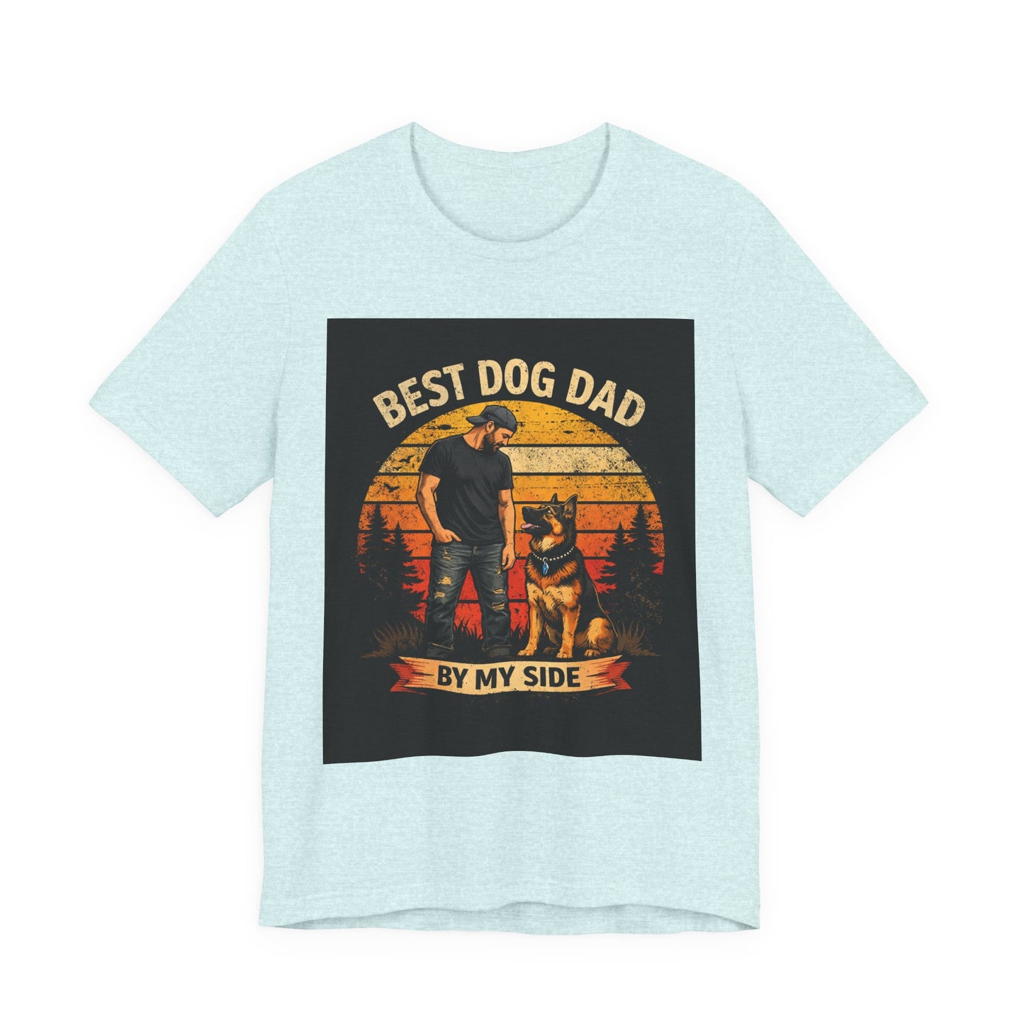 Best Dog Dad by My Side T‑Shirt — “By My Side” German Shepherd Father’s Day Gift Tee | Vintage Sunset Dog Lover Design | Bella Canvas 3001