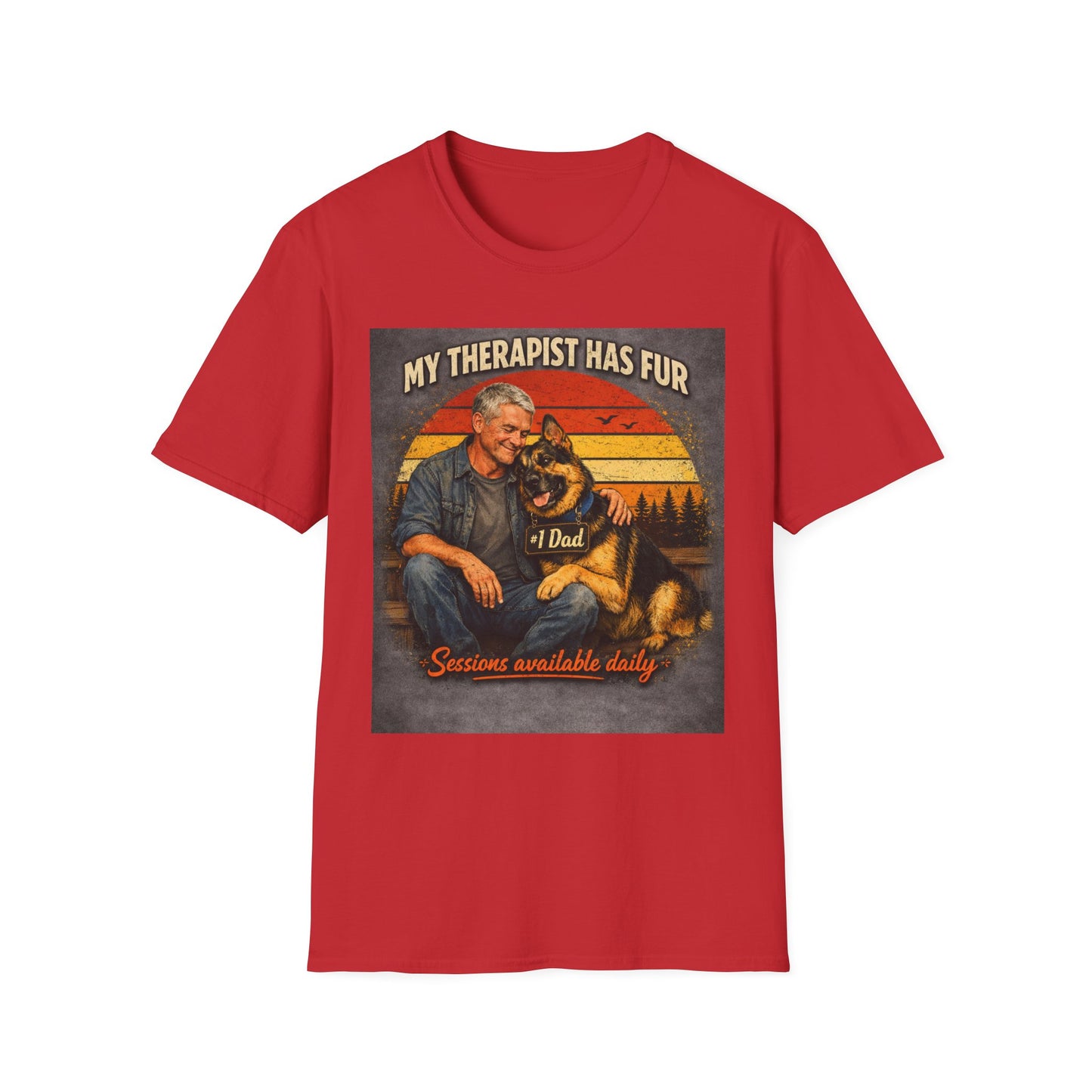 My Therapist Has Fur T-Shirt | Dog Dad Retro Sunset Design