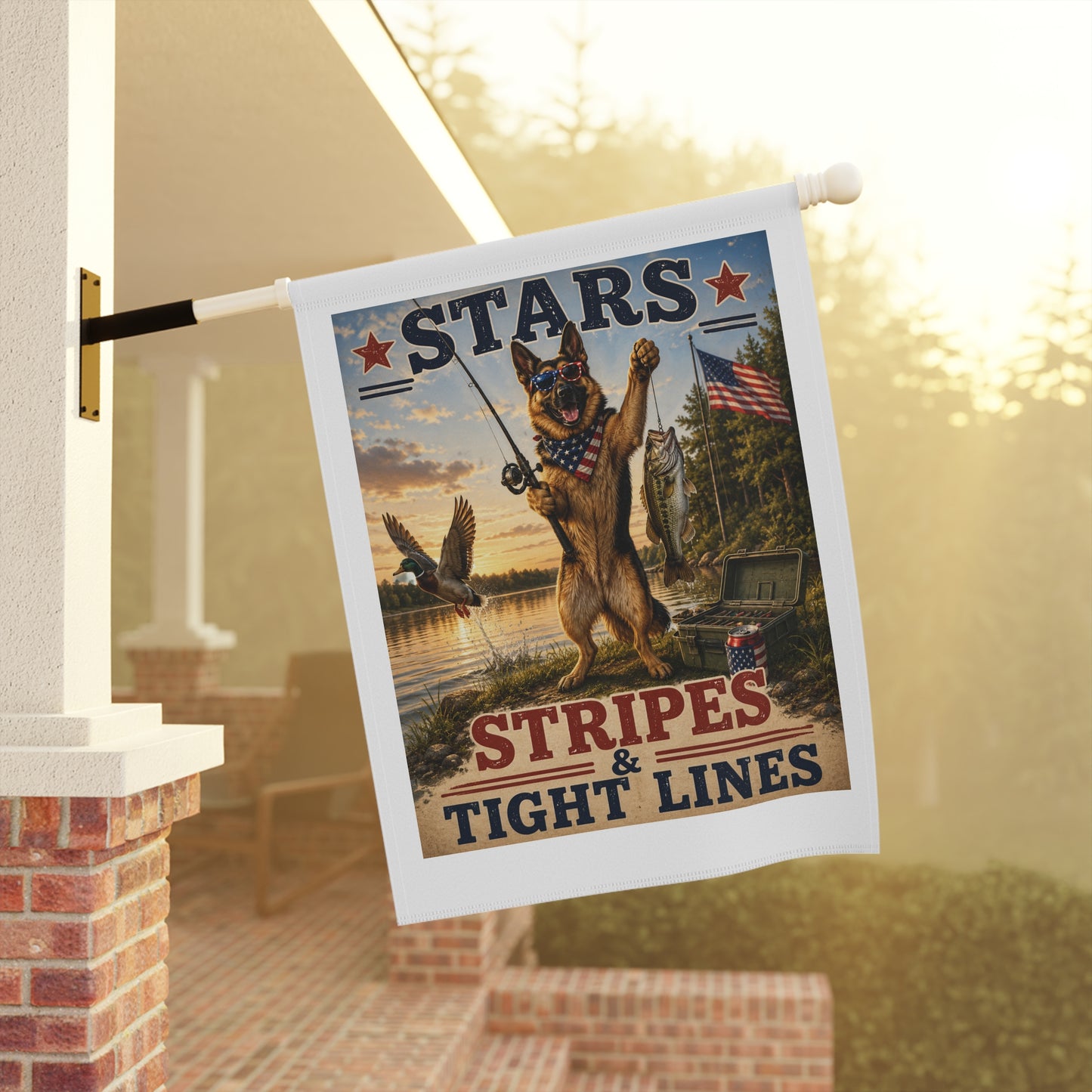 Patriotic German Shepherd Fishing Garden Flag - "Stars, Stripes & Tight Lines"