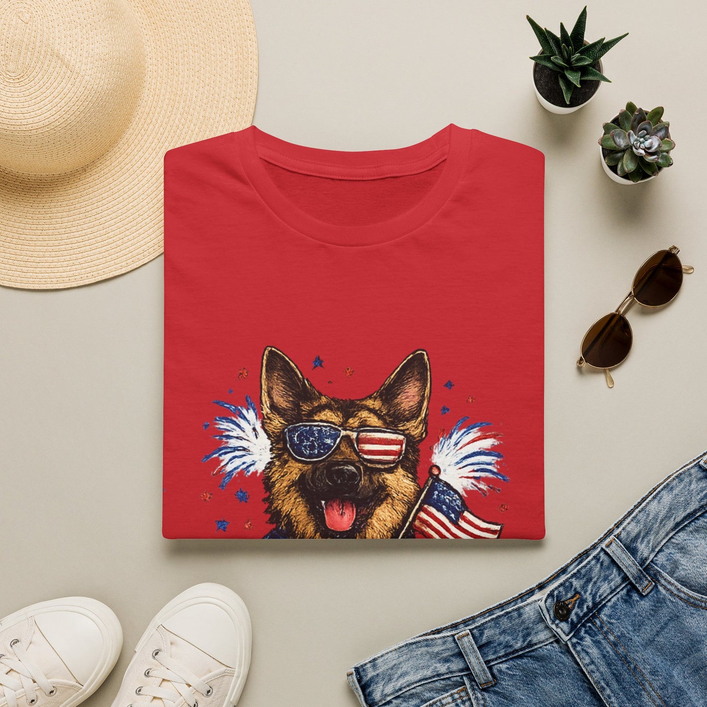 Patriotic German Shepherd Graphic T-Shirt | American Flag Sunglasses, Fireworks