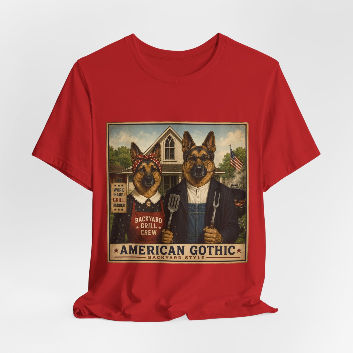 American Gothic – Backyard Style | German Shepherd BBQ T-Shirt