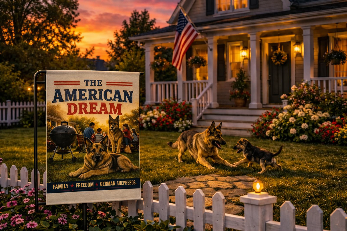 The American Dream German Shepherd Garden Flag | Patriotic Yard Flag | Veteran Inspired Outdoor Decor