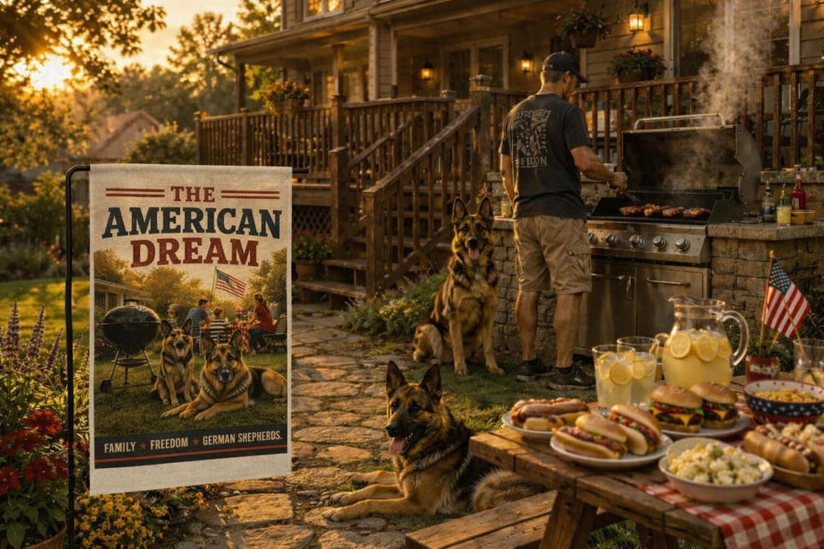 The American Dream German Shepherd Garden Flag | Patriotic Yard Flag | Veteran Inspired Outdoor Decor